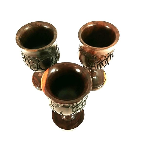 Goblets Artisan Hand Carved Wood Rhino Design Decoration Only Set of 3 - Picture 2 of 10